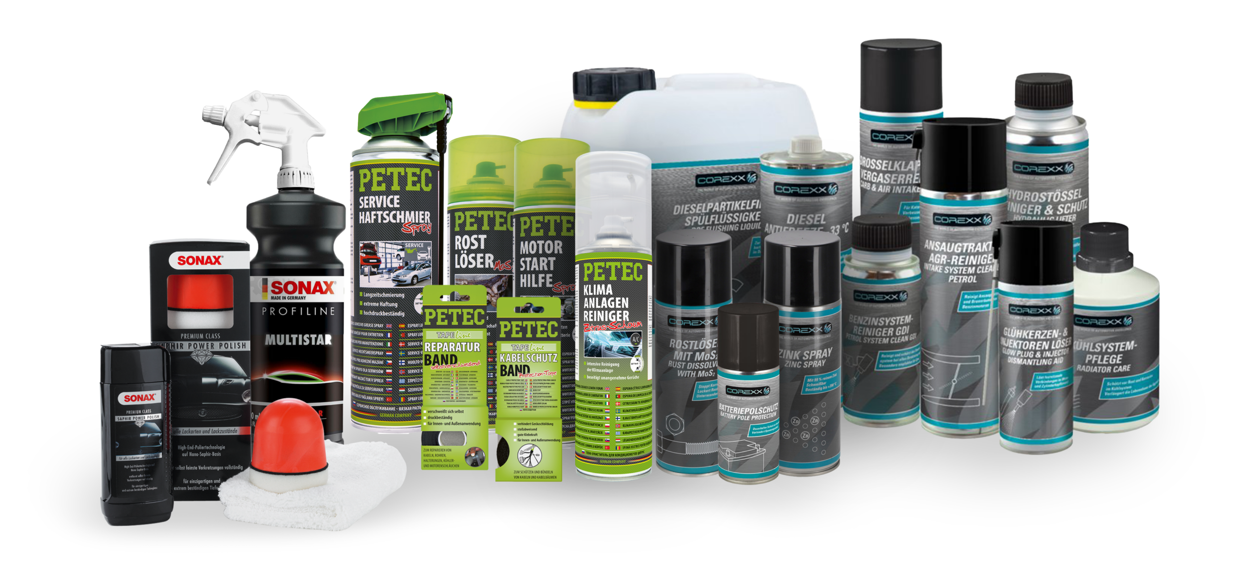 Gruppe von Reinigungsmitteln für die Autopflege sowie Chemieprodukte im Bereich Kfz-Wartung und Pflege
